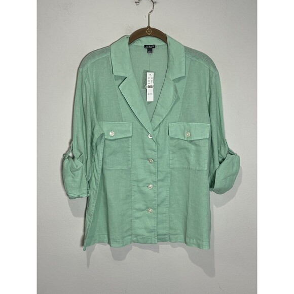 Tops - J Crew Camp Collar Shirt Women's 4 Green Linen Blend Button Up Beach Resort